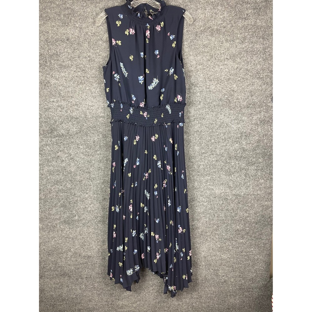 Vince Camuto Floral Pleated Midi Dress Women's Size 8 Navy Blue  Smocked Mock